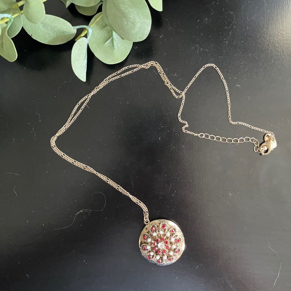 Gold and red locket necklace